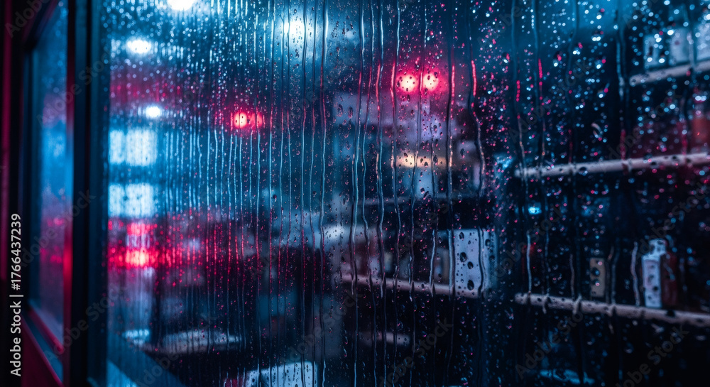 Naklejka premium Rain-Streaked Window Reflecting City Lights at Night.