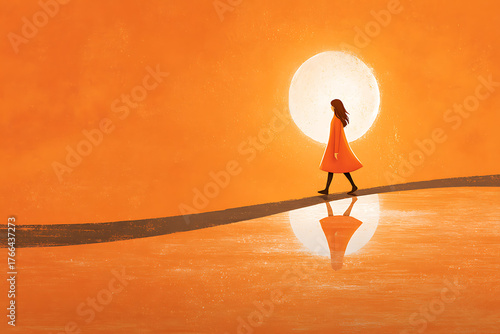 Alone figure, in an orange coat walking on a dark path reflecting in the water