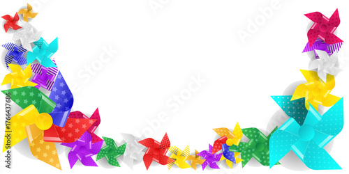 Spinning pinwheel paper toy vector isolated illustration colorful rainbow windmill fan childhood game symbol summer breeze design playful whirligig concept child fun flower background set