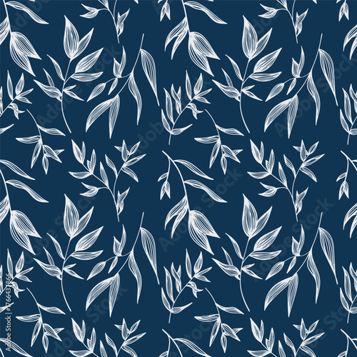 Seamless realistic drawings. Christmas leaves, blue and white.