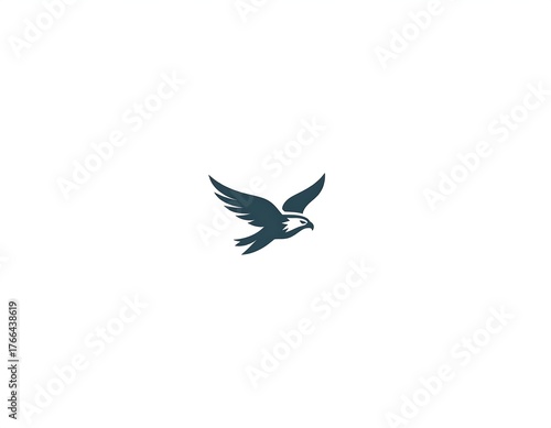 A stylized dark teal bird of prey in flight, on a white background