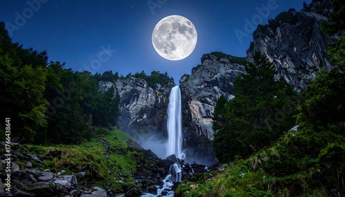 Fototapeta Naklejka Na Ścianę i Meble -  Majestic waterfall cascading under a full moon's glow, surrounded by lush vegetation under a night sky