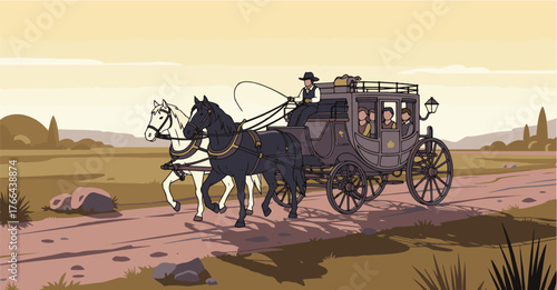 Vintage Stagecoach Illustration Amidst a Rural Landscape