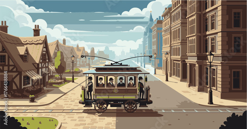 Vintage Trolley Car on a City Street A Nostalgic Journey Through Time with Elegant Architecture