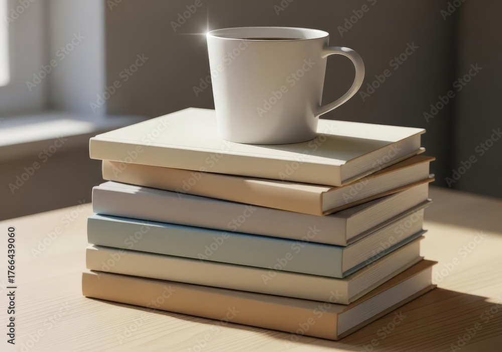 Naklejka premium Stacked Books with White Mug Soft Neutral Tones Calm Still Life
