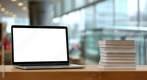 Wallpaper Mural This home office setup features a silver laptop, a tall stack of books, and a wooden desk, creating an ideal space for focused study and professional remote work in a bright setting Torontodigital.ca