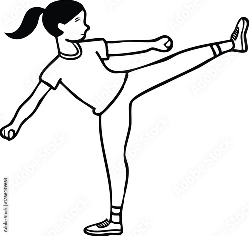 Line Art of a Girl Practicing a Leg Stretch, Illustrating Flexibility and Movement