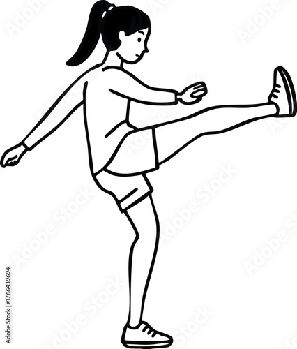 Woman Performing Leg Kick Exercise in Line Art Fitness and Activity Concept