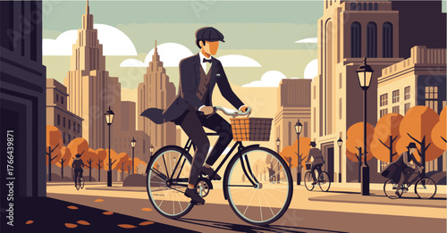 Elegant gentleman enjoying an autumn bike ride through a nostalgic cityscape with classic architecture vector illustration