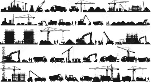 Construction silhouettes, heavy machinery, workers at site, cranes, excavators, bulldozers, cement mixers, scaffolding, building process, construction equipment, industrial illustration