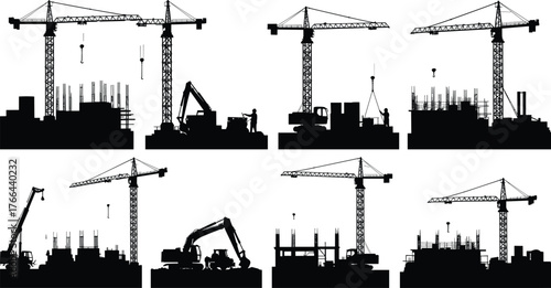Construction silhouettes, tower cranes, excavators, concrete pumps, workers in action, building stages, black and white, industrial site, civil engineering, architecture