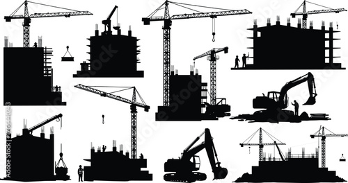 Construction silhouettes, tower cranes, high-rise buildings, excavators, scaffolding, construction workers, concrete lifting, industrial site, building process, infrastructure development