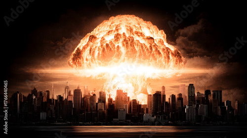 Massive nuclear explosion over modern city skyline at night