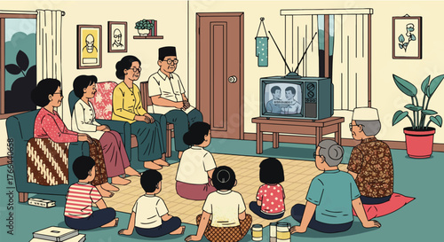 Generations gather in a cozy living room, captivated by the glow of a vintage television, a classic scene representing timeless family togetherness and shared moments