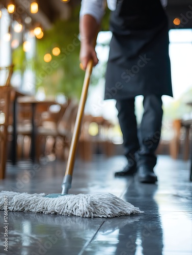 Meticulous restaurant worker mopping the floor with precision.