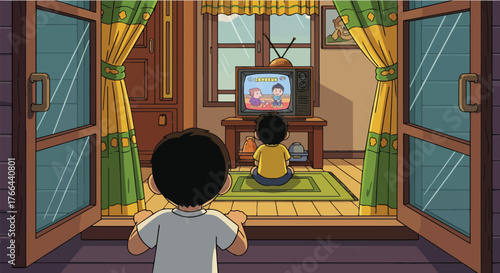Children Watching Television A Cozy Scene of Family Time and Indoor Entertainment