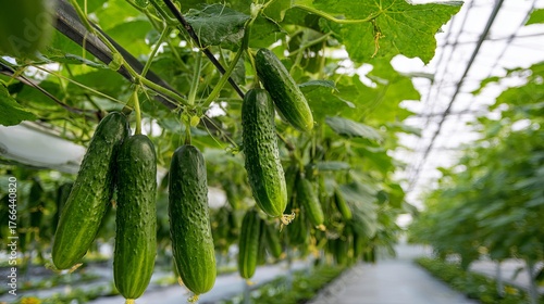 Fresh cucumbers growing on vines in a bright, modern greenhouse ready for harvest