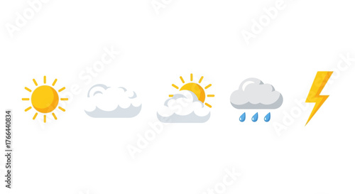 Weather Icons Set with Sun, Clouds, Rain, and Lightning