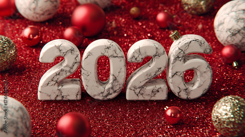 New year 2026, marble textured numbers on sparkling red glitter, surrounded by festive christmas ornaments, high resolution image