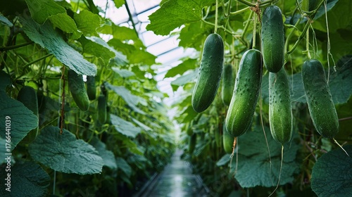 Fresh cucumbers growing abundantly on vines inside a bright, modern greenhouse with lush green foliage