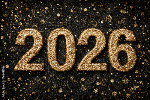 New Year, 2026 written in sparkling golden glitter on a black background, high resolution image