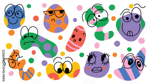 Colorful cartoon vector funny faces set, cute hand drawn character background for kids, school, decoration, playful design, educational materials
