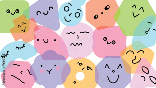 Colorful cartoon vector funny faces set, cute hand drawn character background for kids, school, decoration, playful design, educational materials