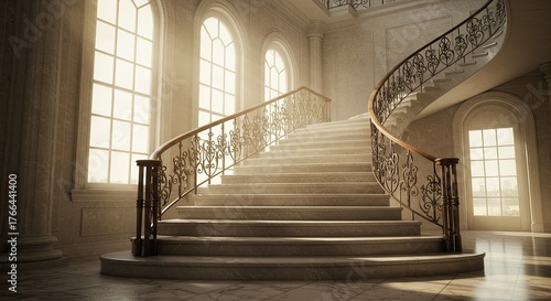 Elegant spiral staircase with ornate railing bathed in soft light from arched windows adds a touch