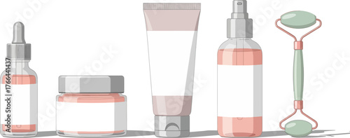 Skincare Set with Dropper Bottle, Jar, Tube, Spray Bottle, and Jade Roller