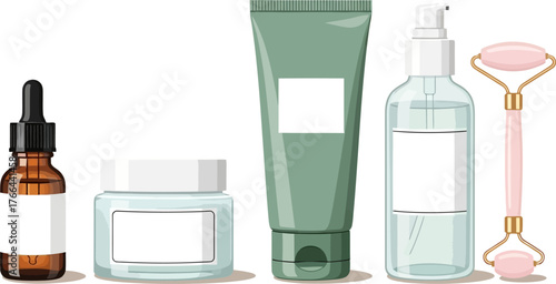 Skincare Routine Products and Rose Quartz Facial Roller Isolated on White Background