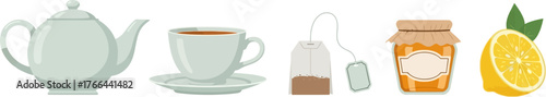 Tea Time Essentials: Teapot, Cup, Tea Bag, Honey, and Lemon Illustration