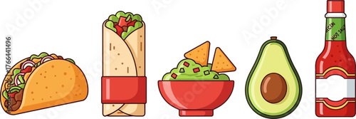 Mexican Food Icons Taco Burrito Guacamole Avocado Hot Sauce