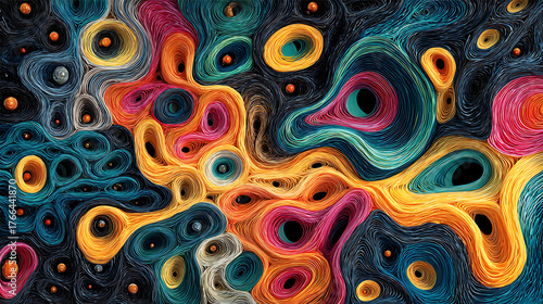 Vibrant abstract pattern, tangled and layered colorful lines forming unique designs, artistic illustration