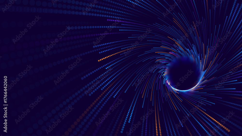 Naklejka premium Digital Data Flow Spiral with Glowing Dots and Speed Lines in Futuristic Tech Vortex Style Backdrop. High-Tech or Science Background. Abstract Particles Vector Illustration.