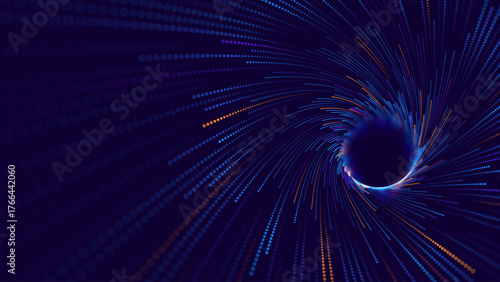 Digital Data Flow Spiral with Glowing Dots and Speed Lines in Futuristic Tech Vortex Style Backdrop. High-Tech or Science Background. Abstract Particles Vector Illustration.