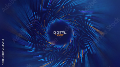 Digital Data Flow Spiral with Glowing Dots and Speed Lines in Futuristic Tech Vortex Style Backdrop. High-Tech or Science Background. Abstract Particles Vector Illustration.