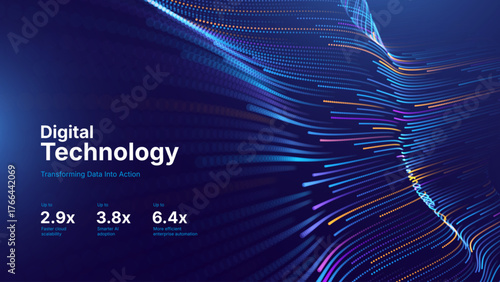 Big Data Technology Flow Background with Neural Network Particles and Digital Stream Lines. Futuristic Data Science Concept. Tech Business Presentation or Annual Report Template. Vector Illustration.