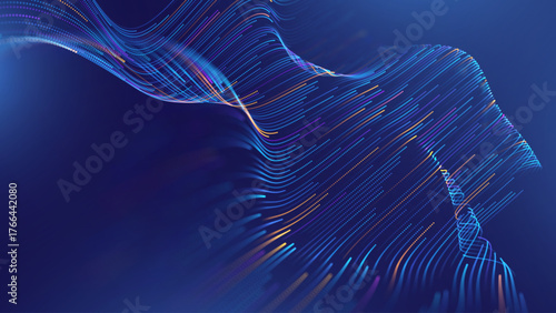 Big Data Technology Flow Background with Neural Network Particles and Digital Stream Lines. Futuristic Data Science Concept. Tech Business Presentation or Annual Report Template. Vector Illustration.