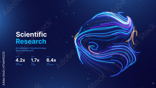 Abstract Science Cell Scientific Medical Research Background. Blue 3D Sphere Backdrop Particles Effect. Futuristic Chemistry Physics Microbiology Concept. Tech BG Vector Illustration.