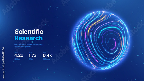 Abstract Science Cell Scientific Medical Research Background. Blue 3D Sphere Backdrop Particles Effect. Futuristic Chemistry Physics Microbiology Concept. Tech BG Vector Illustration.