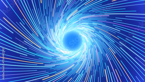 Speed Of Light Travel Tunnel With Glowing Lines In Spiral Motion. Hyperspace Vortex Concept, Futuristic Data Flow Background. Time Travel Teleportation Effect. Vector Illustration.
