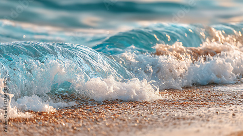 Ocean wave, a beautiful clear blue breaking wave rolling onto a sandy beach at sunset, high resolution image