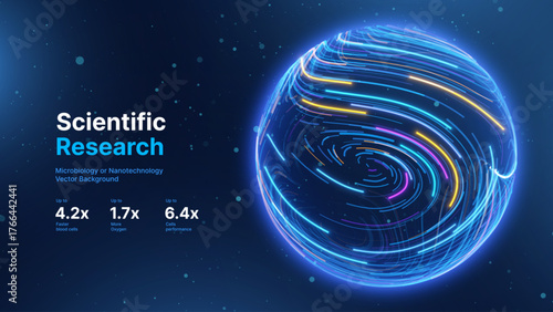 Abstract Science Cell Scientific Medical Research Background. Blue 3D Sphere Backdrop Particles Effect. Futuristic Chemistry Physics Microbiology Concept. Tech BG Vector Illustration.