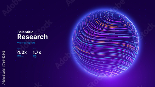 Abstract Science Cell Scientific Medical Research Background. Blue 3D Sphere Backdrop Particles Effect. Futuristic Chemistry Physics Microbiology Concept. Tech BG Vector Illustration.