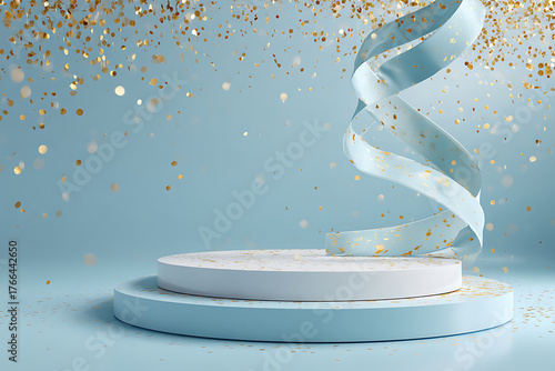 Product presentation, elegant round platform with sparkling golden glitter, perfect for showcasing and marketing, high resolution image