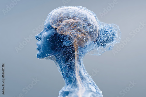 Human brain, abstract representation of thought processes, neuroscience, and mental activity within a transparent body, high resolution image