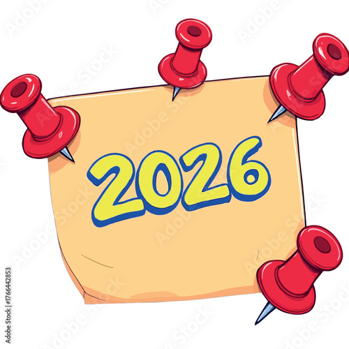 Vsai sticky note with year 2026 pinned by thumbtacks