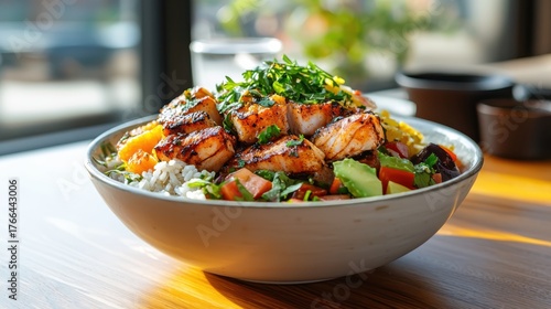 Delicious seafood burrito bowl indoor kitchen food photography bright light vibrant ingredients