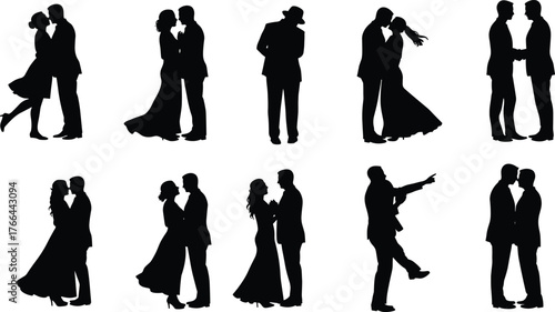 Couple silhouettes, romantic poses, love illustration, dancing couple artwork, kissing silhouettes, intimate design, relationship artwork, romantic embrace, couple artwork, silhouette art