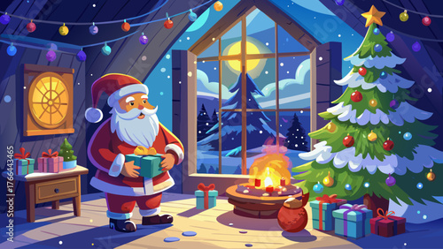 Vector scene of Santa placing gifts under Christmas tree inside cozy cabin, snowy window view, cloudy sky outside, warm indoor lighting, detailed festive decorations, realistic atmosphere